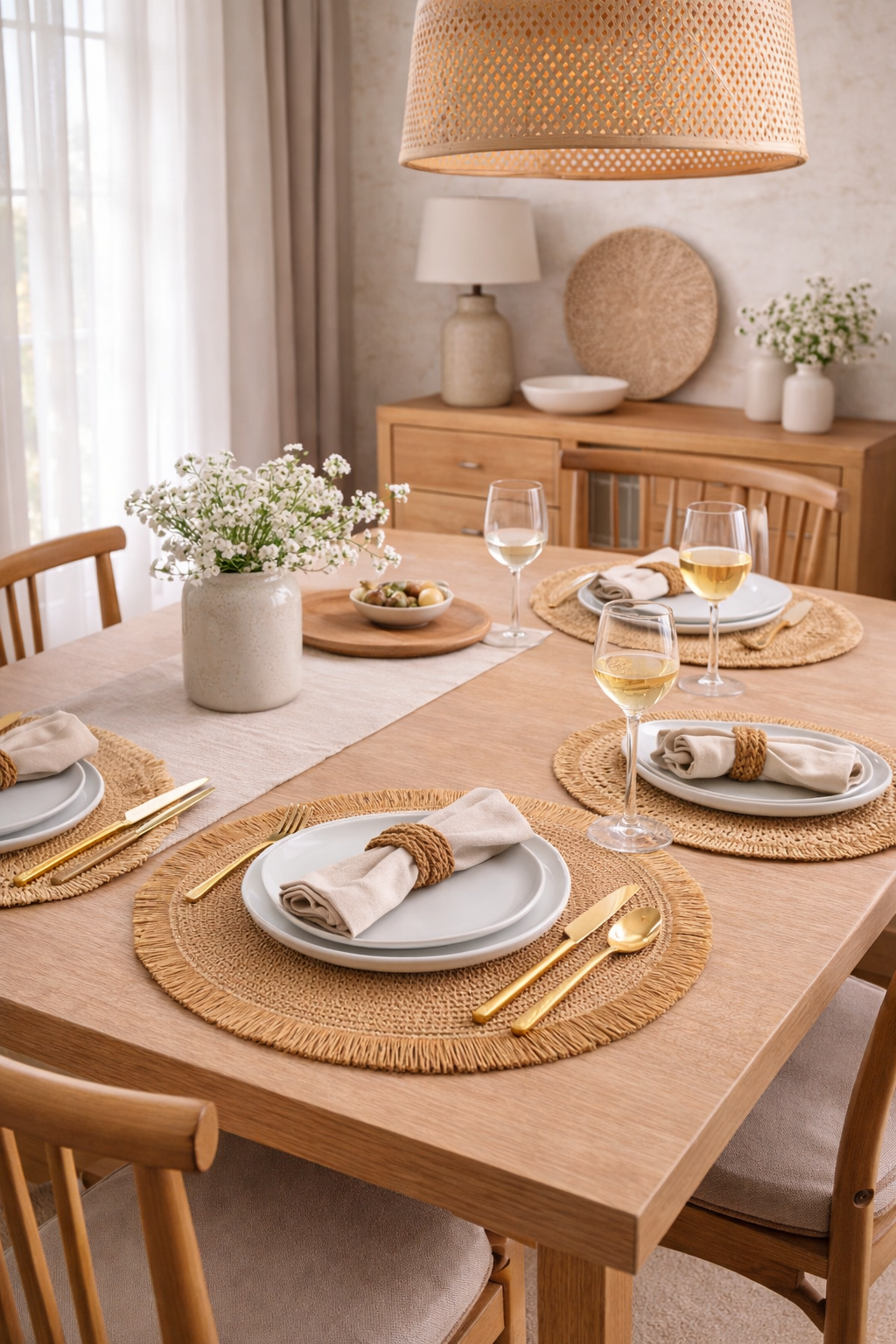 Santorini Straw Fringe Placemats Handwoven Natural Texture Round