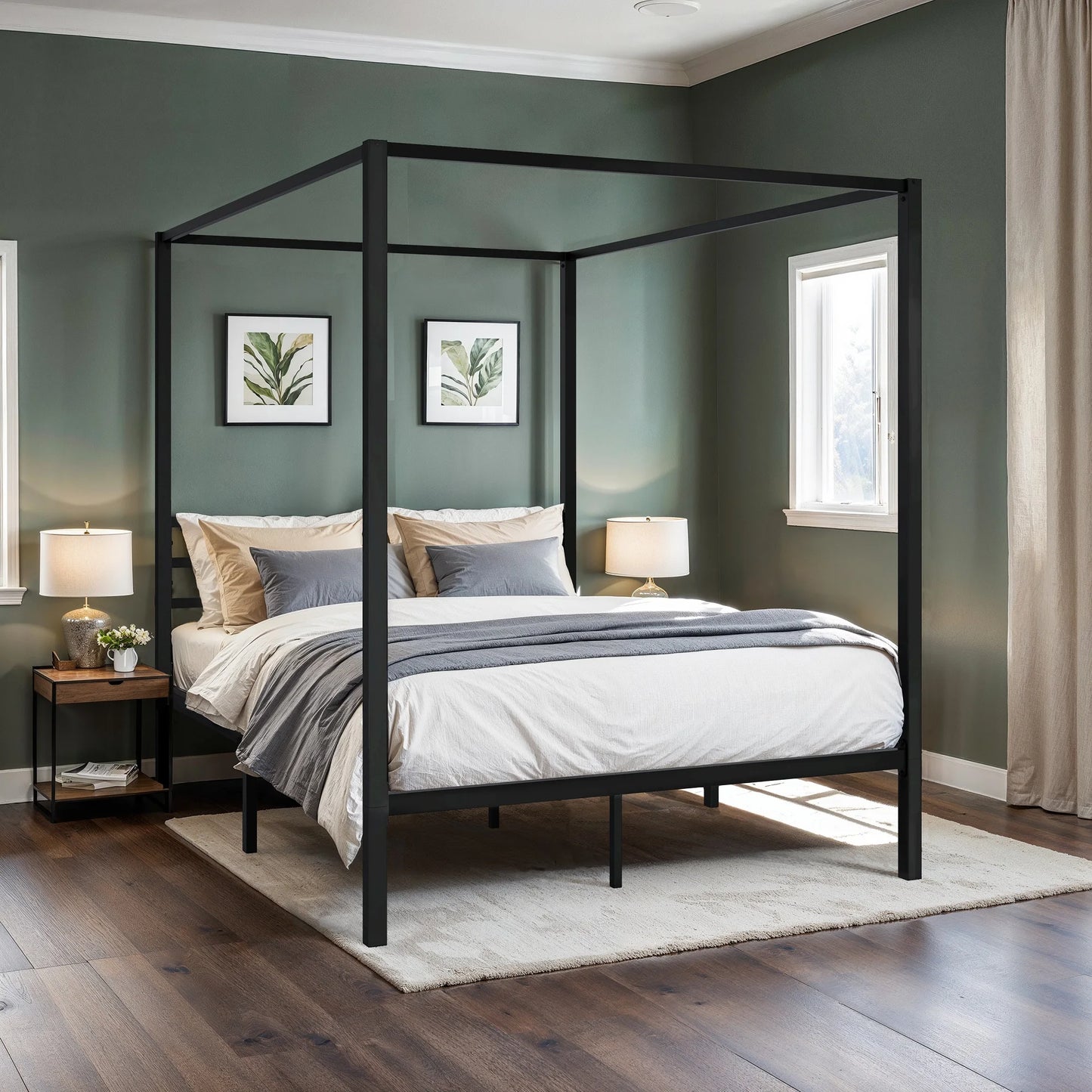 HOOMI Canopy Bed Frame Four Poster With Metal Crossbars