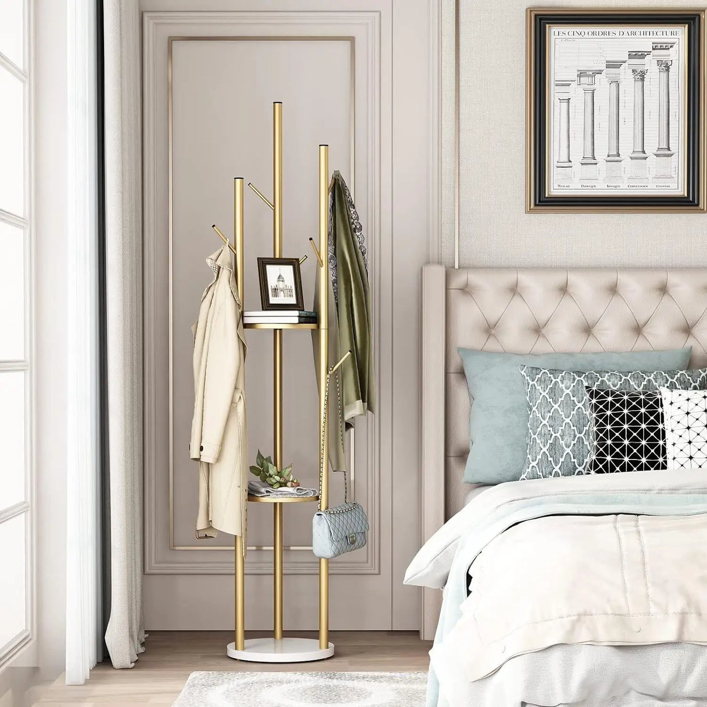 Wisfor Freestanding Metal Coat Rack With Marble Shelf Stand