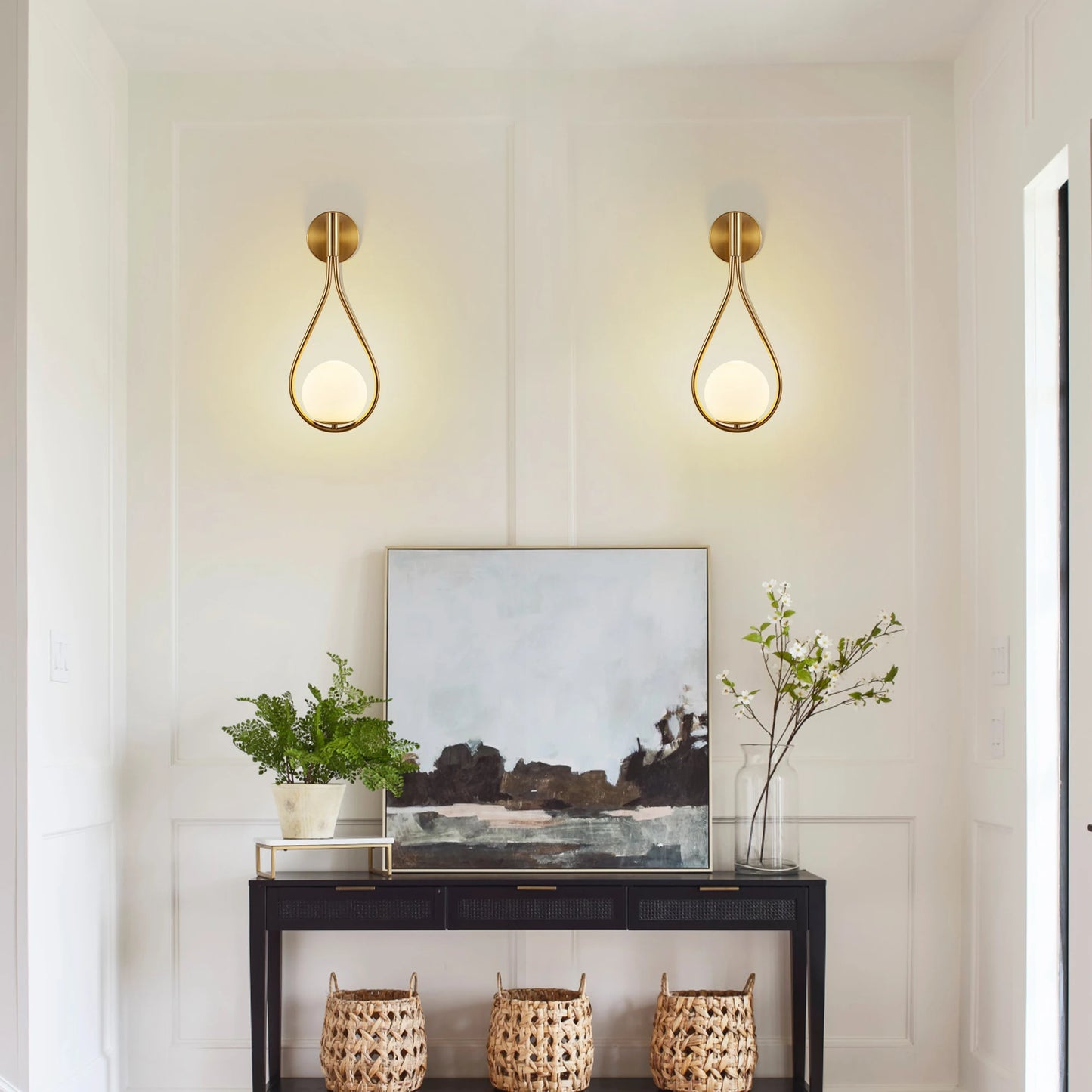 ARLGSITE Modern Golden Wall Sconces With Opal Glass Globe Set of 2