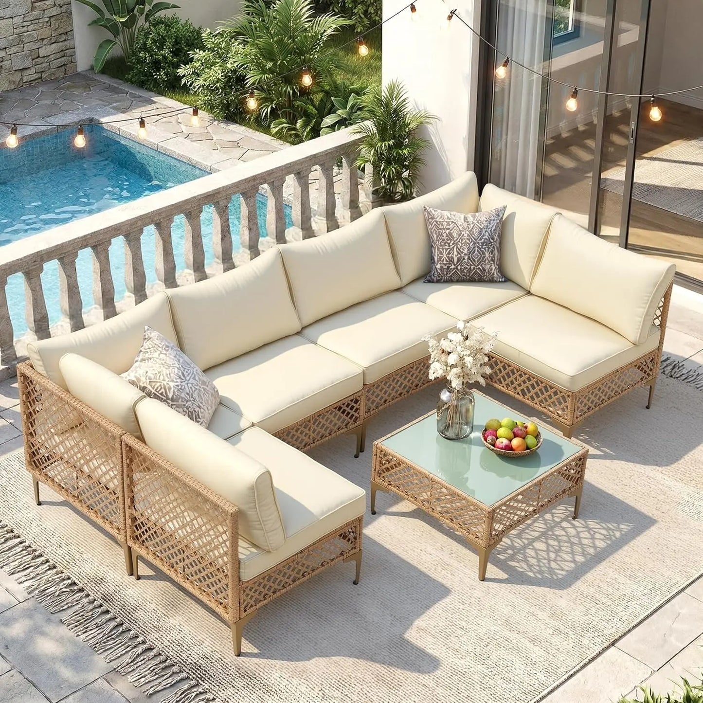 7 Piece Wicker Patio Sectional Set With Cushions And Glass Coffee Table