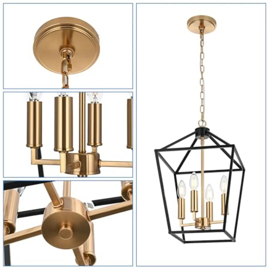 4-Light Farmhouse Cage Pendant Light Chandelier Brass Candle Shape