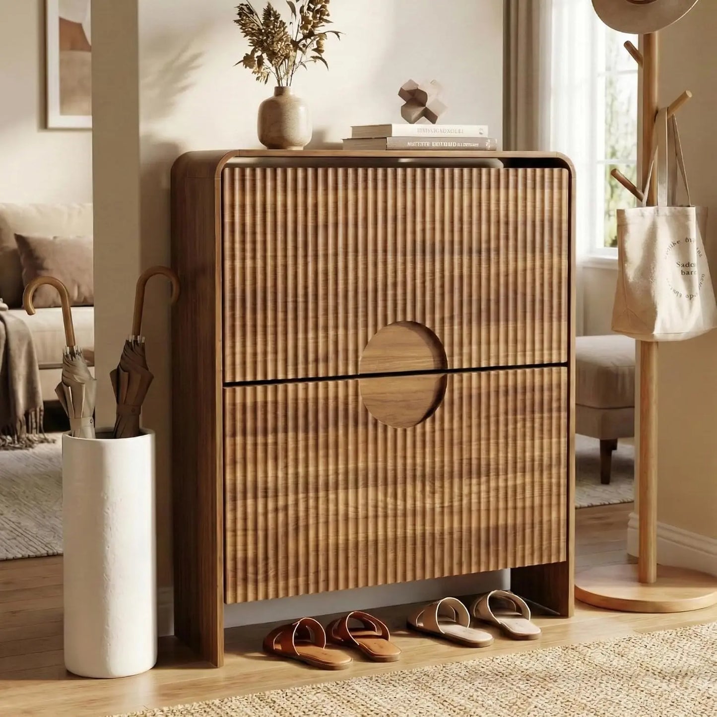 XIAOLANG Narrow Shoe Cabinet With Fluted Doors 2 Drawers