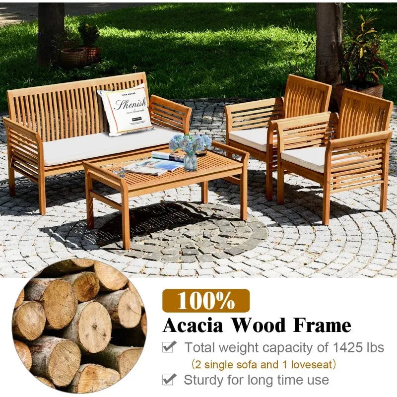 Acacia Wood 4-Piece Outdoor Sofa Set With Water Resistant Cushions Coffee Table