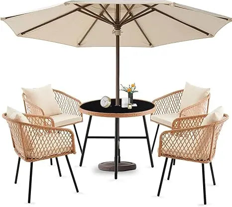 Patio Dining Set Umbrella Hole Rattan Outdoor Furniture Glass Table 4 Chairs