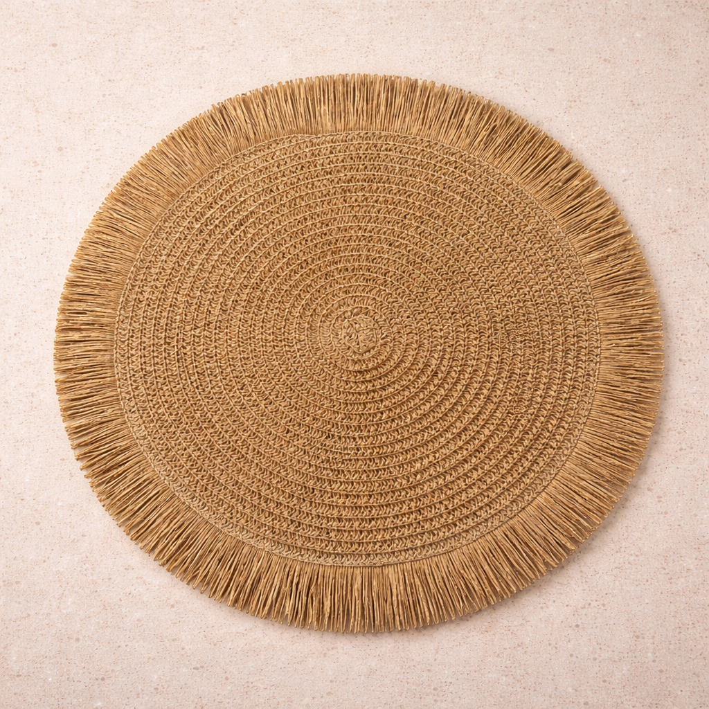 Santorini Straw Fringe Placemats Handwoven Natural Texture Round