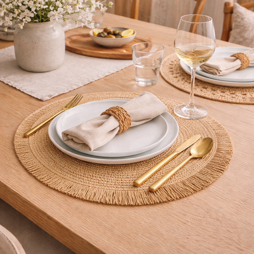 Santorini Straw Fringe Placemats Handwoven Natural Texture Round