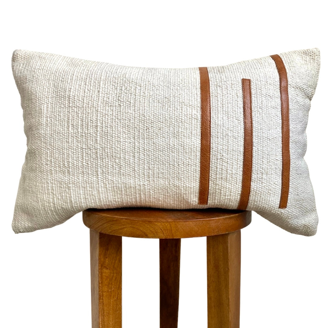 Kilim Lumbar Pillow Cover With Leather Stripes Handmade