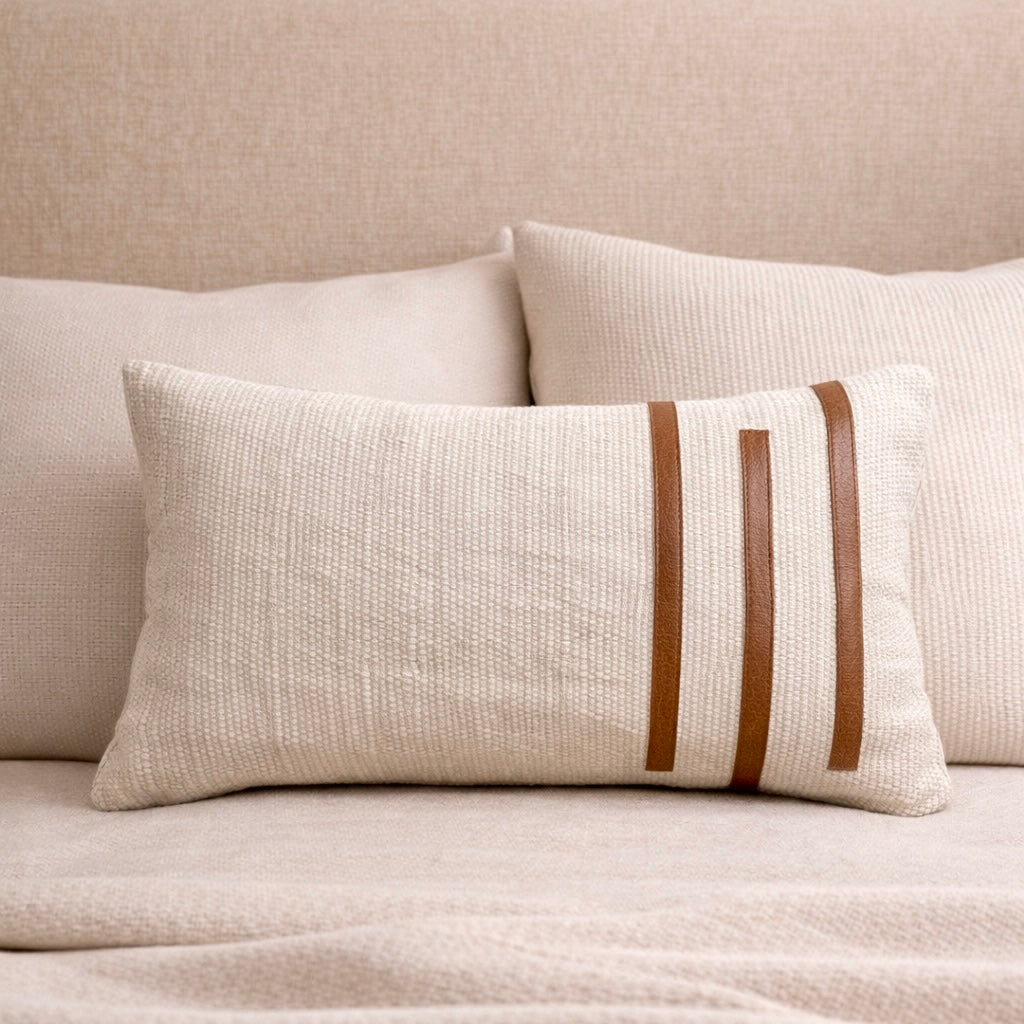 Kilim Lumbar Pillow Cover With Leather Stripes Handmade