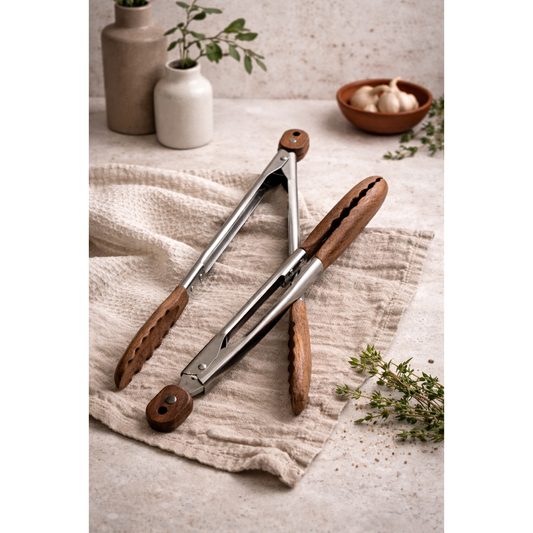Carmel Acacia Wood Kitchen Tongs Set with Stainless Steel Handles