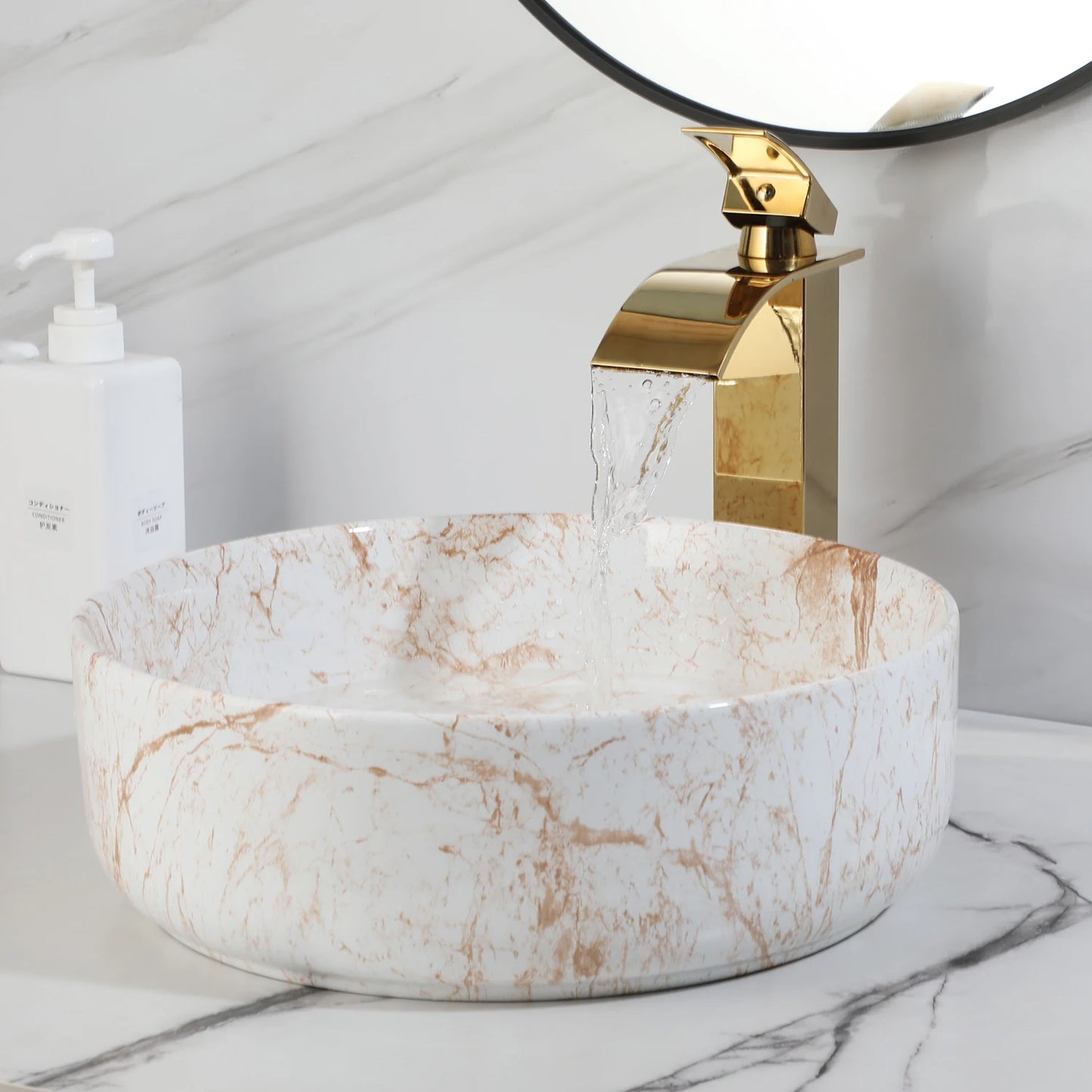 Yanksmart White Marble Vessel Sink With Gold Faucet Drain