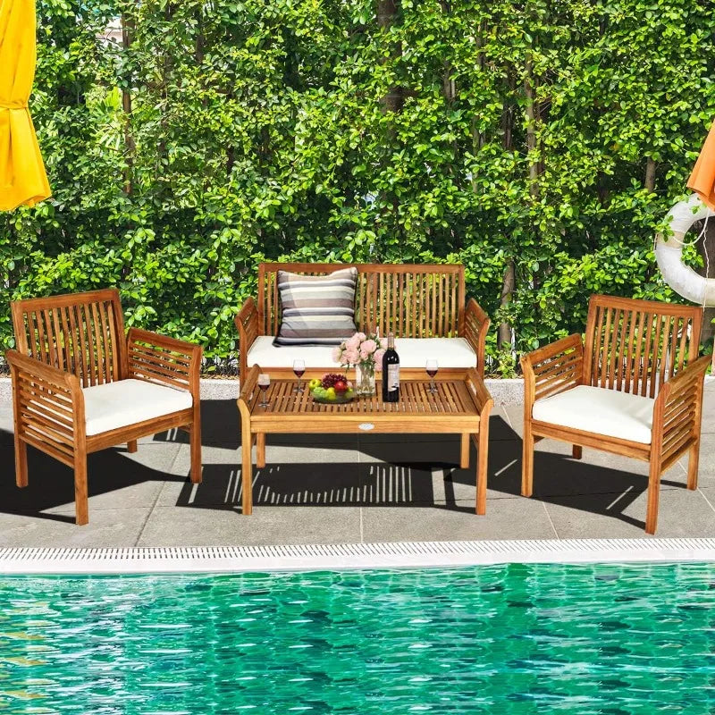 Acacia Wood 4-Piece Outdoor Sofa Set With Water Resistant Cushions Coffee Table