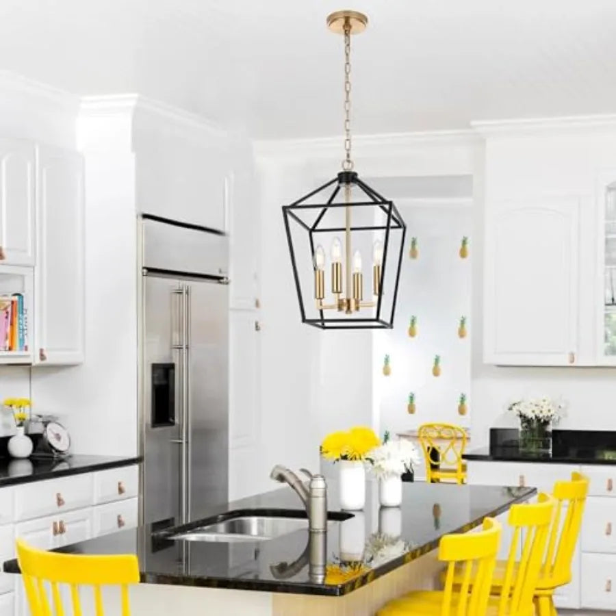 4-Light Farmhouse Cage Pendant Light Chandelier Brass Candle Shape