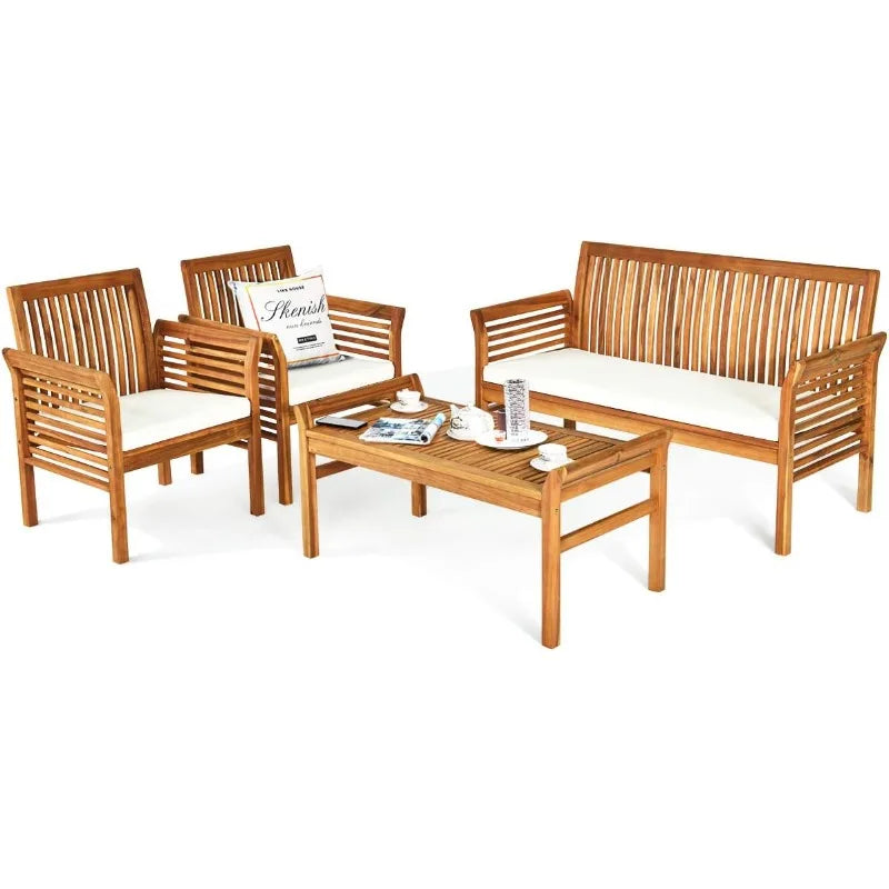 Acacia Wood 4-Piece Outdoor Sofa Set With Water Resistant Cushions Coffee Table