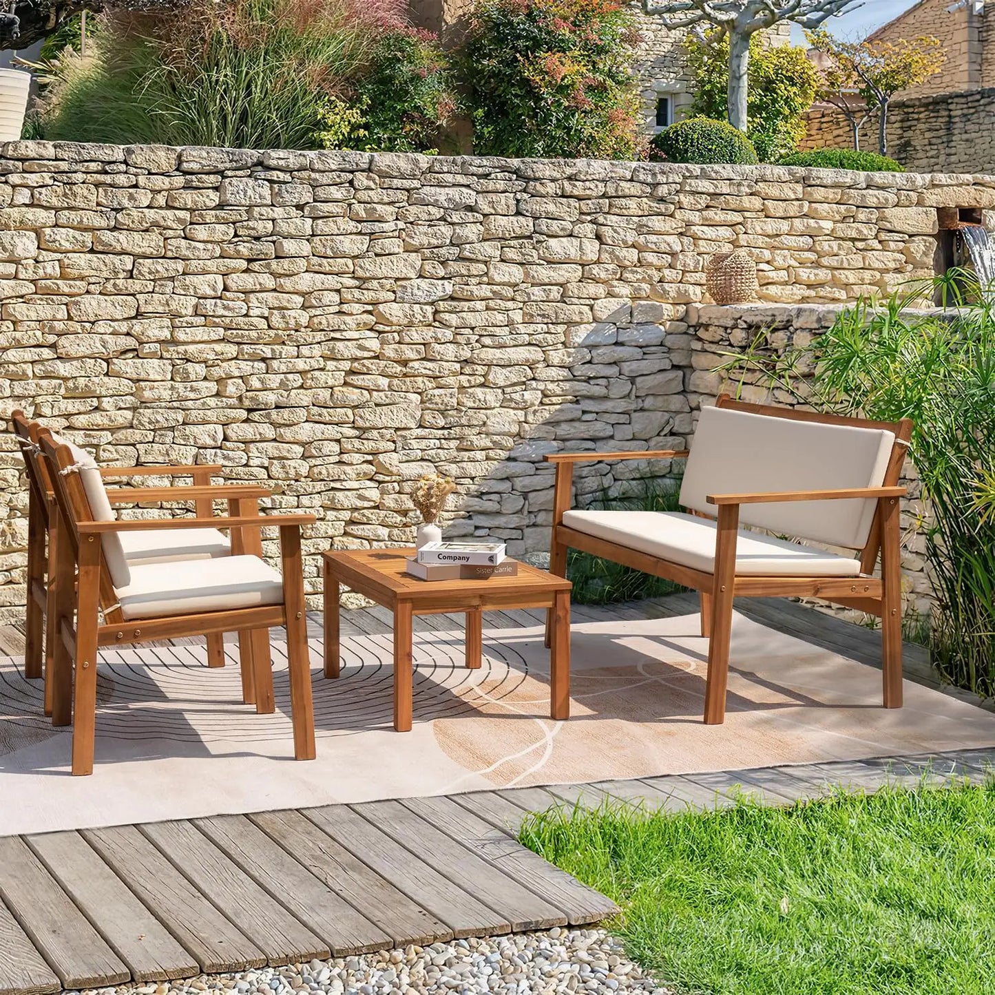 Acacia Wood 4 Piece Patio Bistro Set With Loveseat And Coffee Table