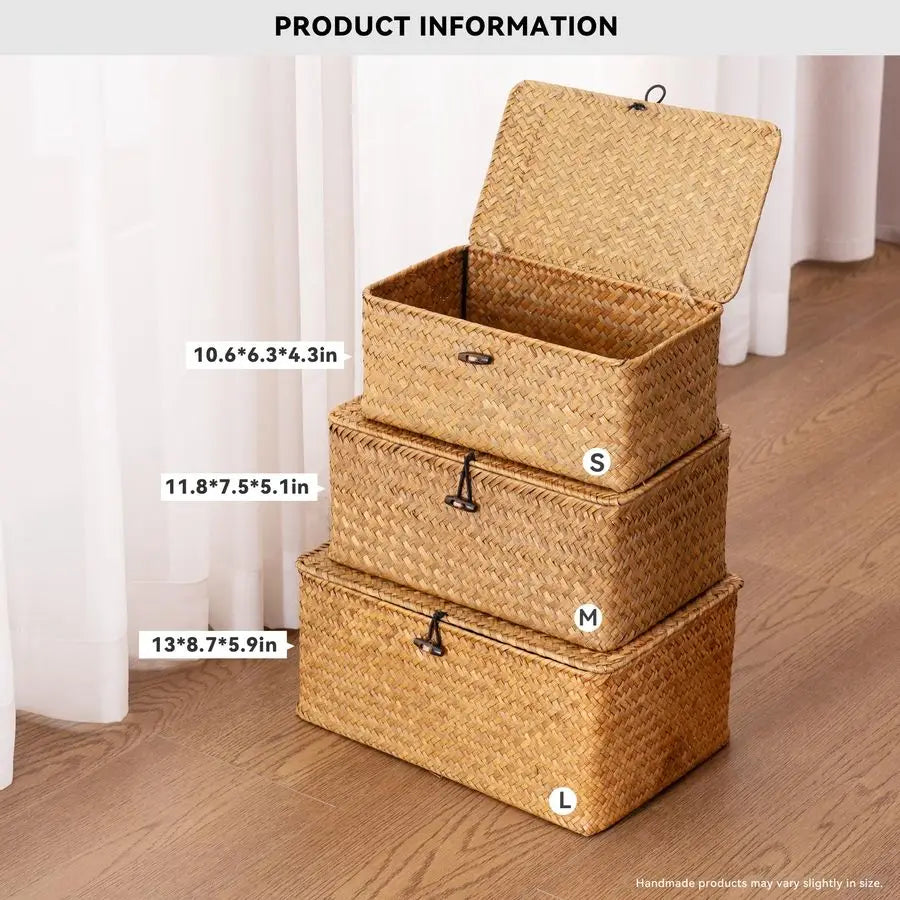 Natural Seagrass Storage Baskets With Lid Set Of 3 Bins