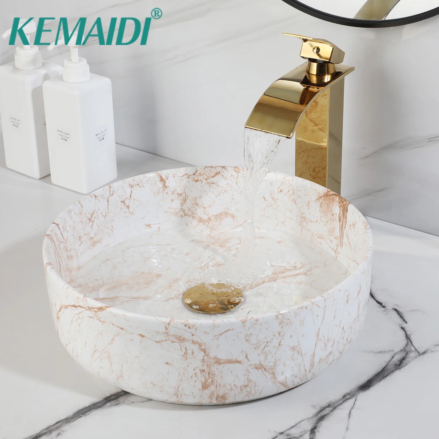 Yanksmart White Marble Vessel Sink With Gold Faucet Drain