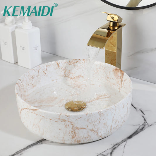 Yanksmart White Marble Vessel Sink With Gold Faucet Drain