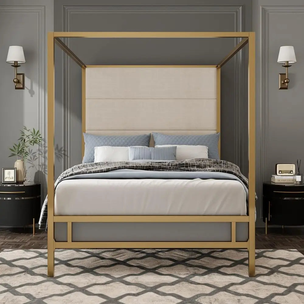 RBXC Modern Metal Canopy Bed Frame 4-Poster With Linen Headboard
