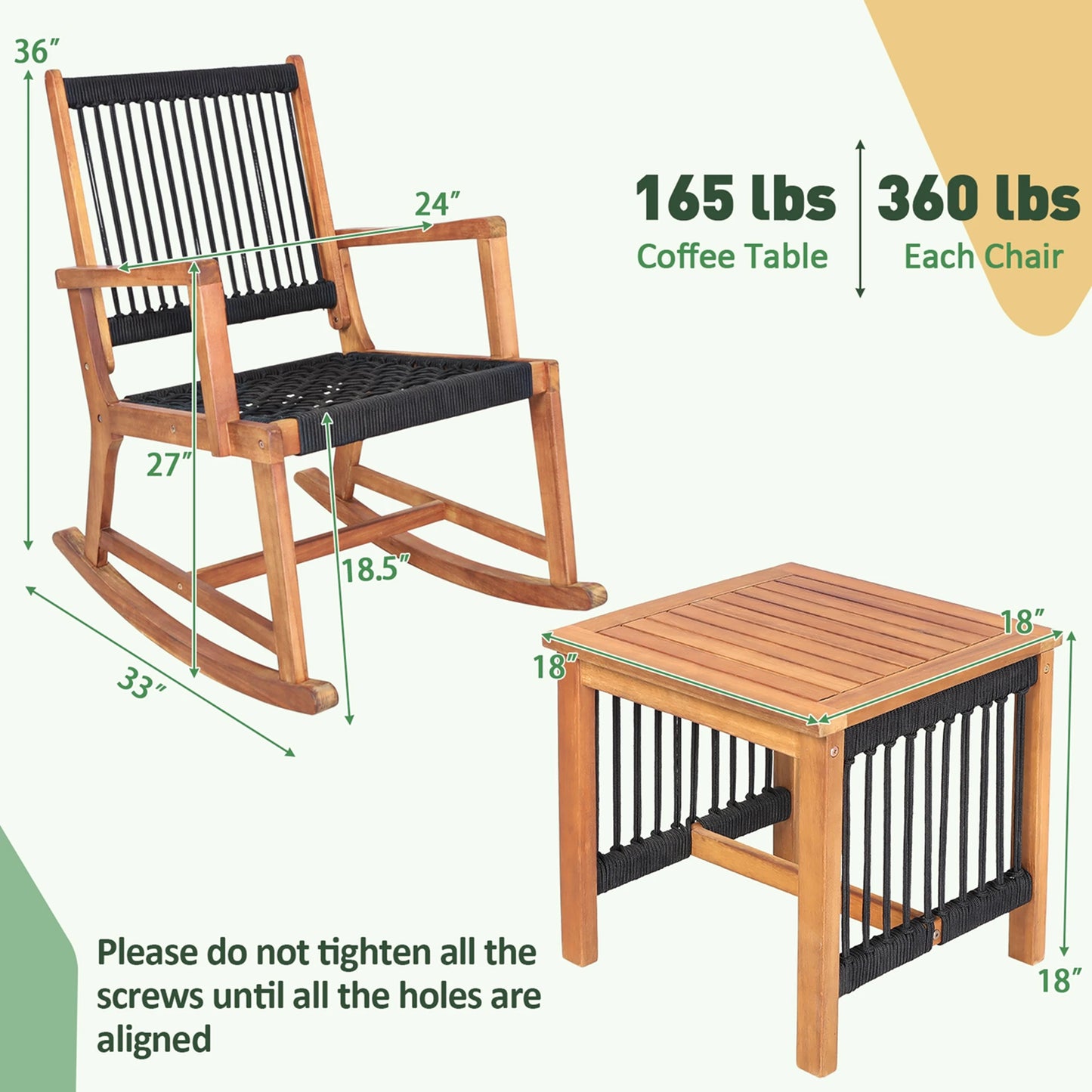 HOMASIS 3 Piece Patio Acacia Wood Bistro Table Rocking Chair