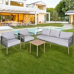 Patio Dining Set Umbrella Hole Rattan Outdoor Furniture Glass Table 4 Chairs