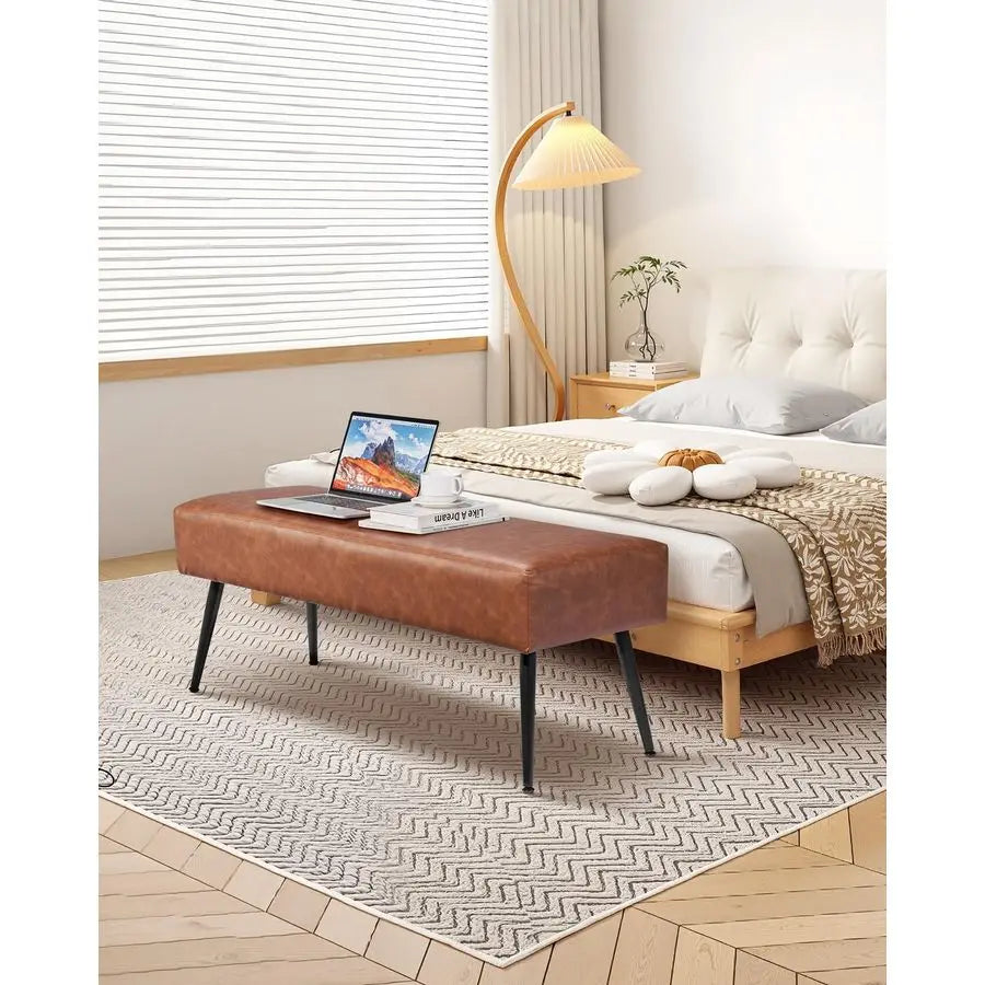 XMSJ PU Leather Bedroom Bench With Metal Legs And Stitching