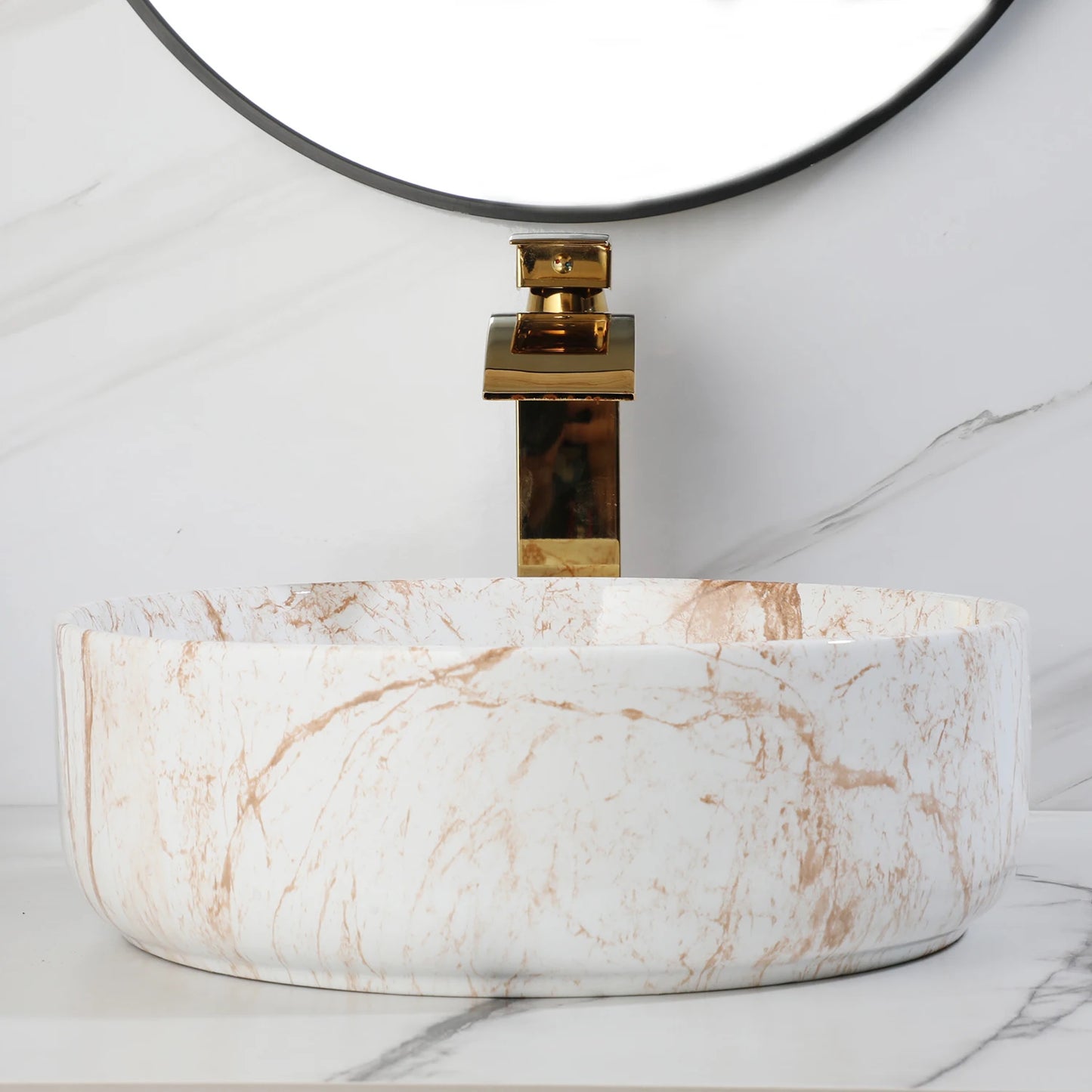 Yanksmart White Marble Vessel Sink With Gold Faucet Drain