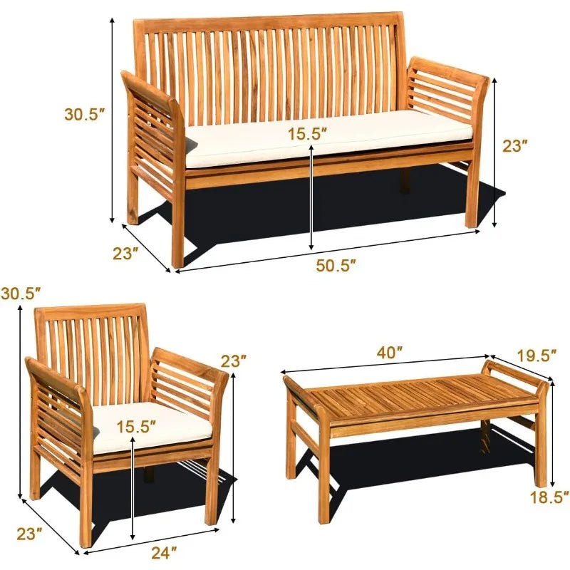 Acacia Wood 4-Piece Outdoor Sofa Set With Water Resistant Cushions Coffee Table