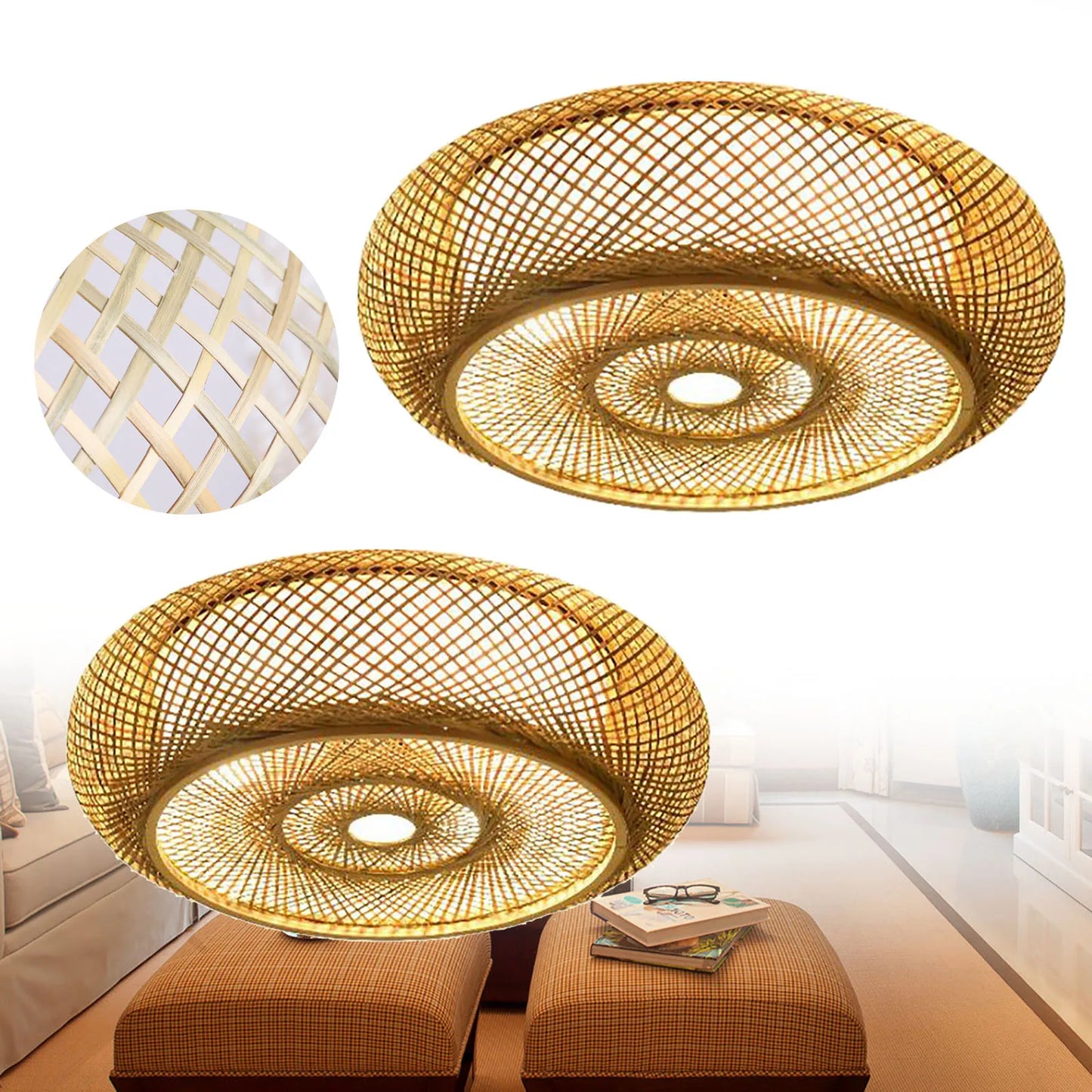 Asian Rustic Bamboo Flush Mount 3 Lamp Ceiling Light Rattan
