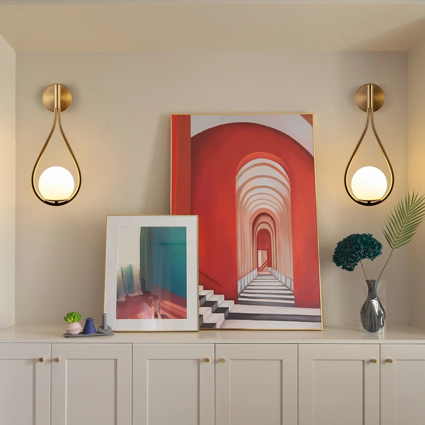 ARLGSITE Modern Golden Wall Sconces With Opal Glass Globe Set of 2