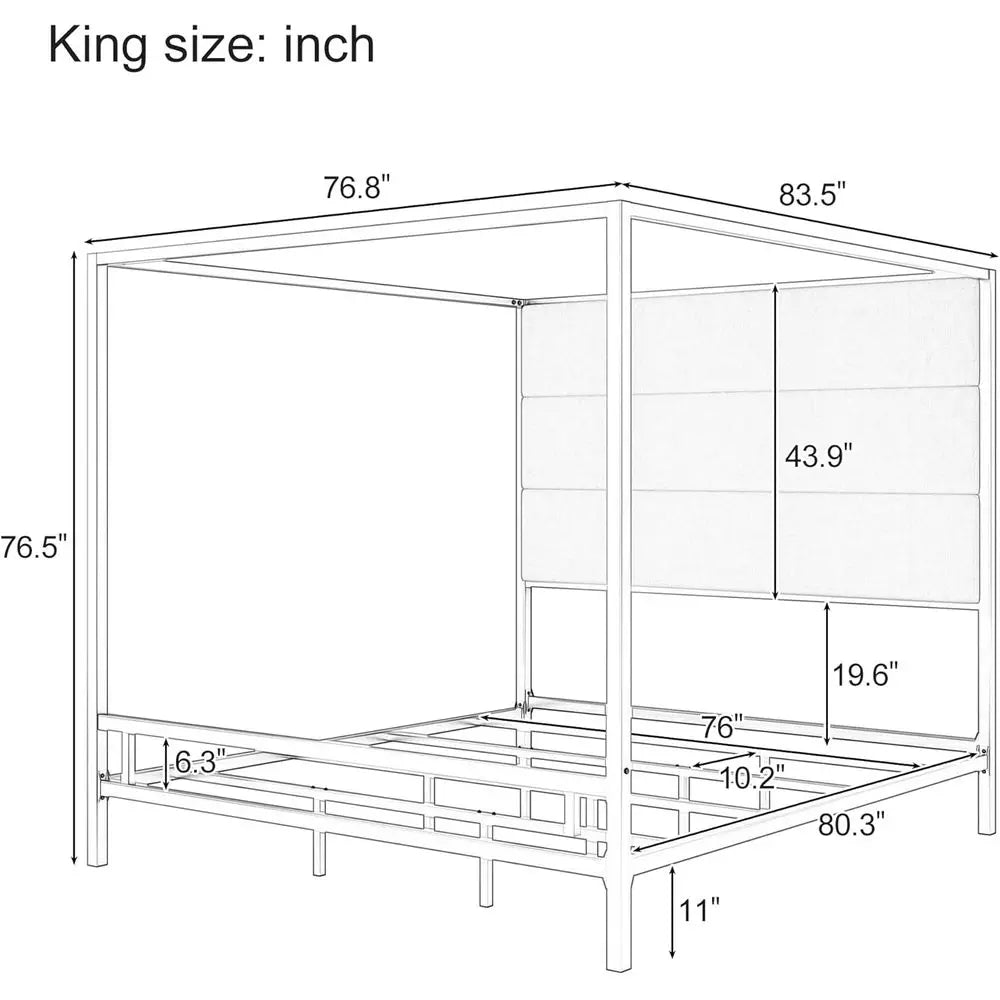 RBXC Modern Metal Canopy Bed Frame 4-Poster With Linen Headboard