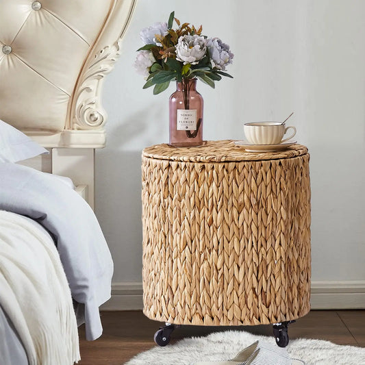 NONECN Vintage Wicker Rolling Hamper With Lid And Wheels