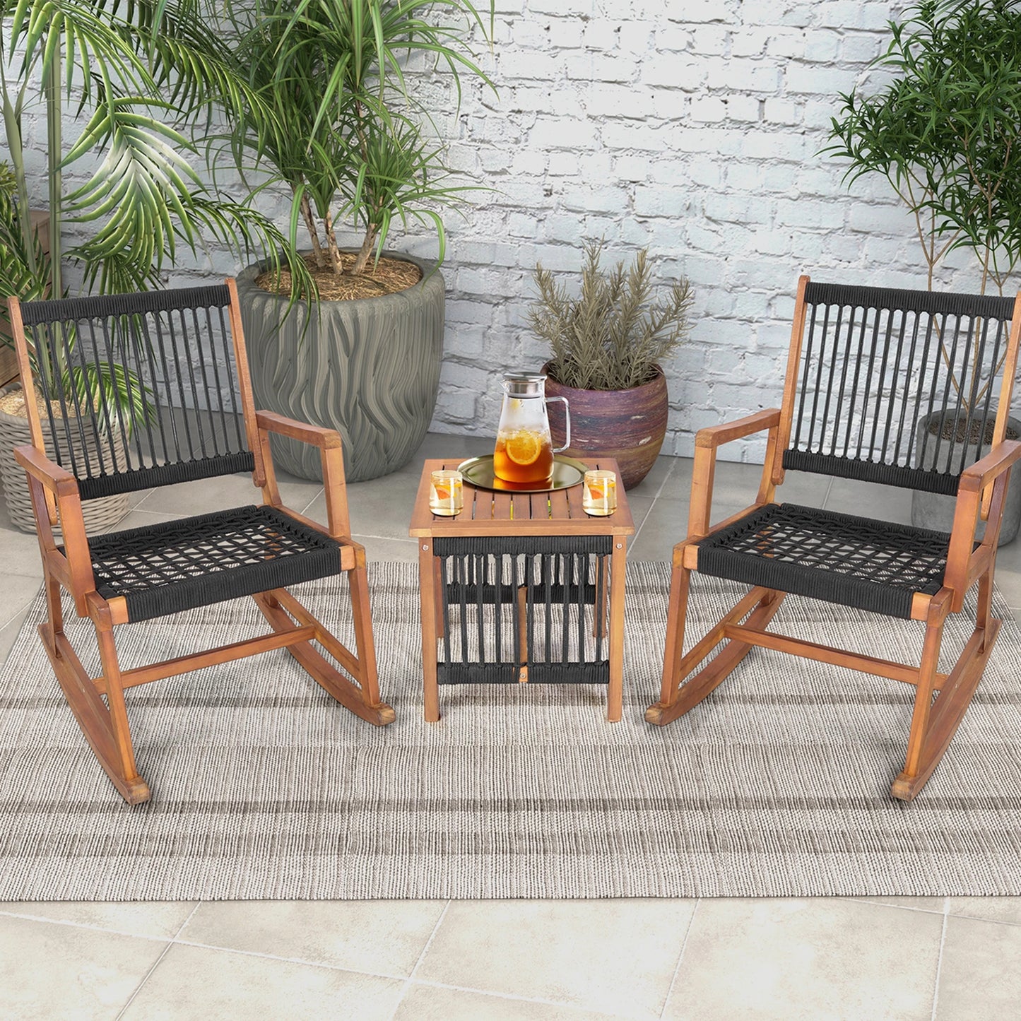 HOMASIS 3 Piece Patio Acacia Wood Bistro Table Rocking Chair