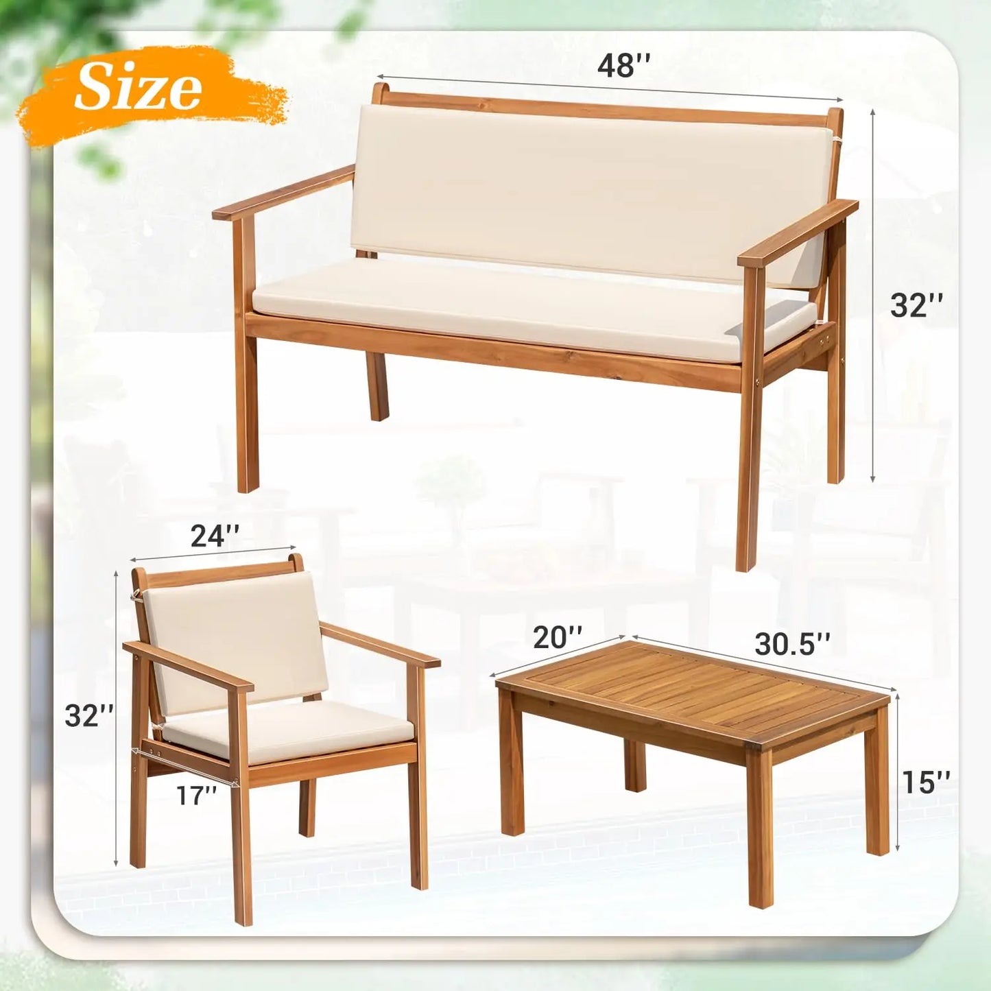 Acacia Wood 4 Piece Patio Bistro Set With Loveseat And Coffee Table