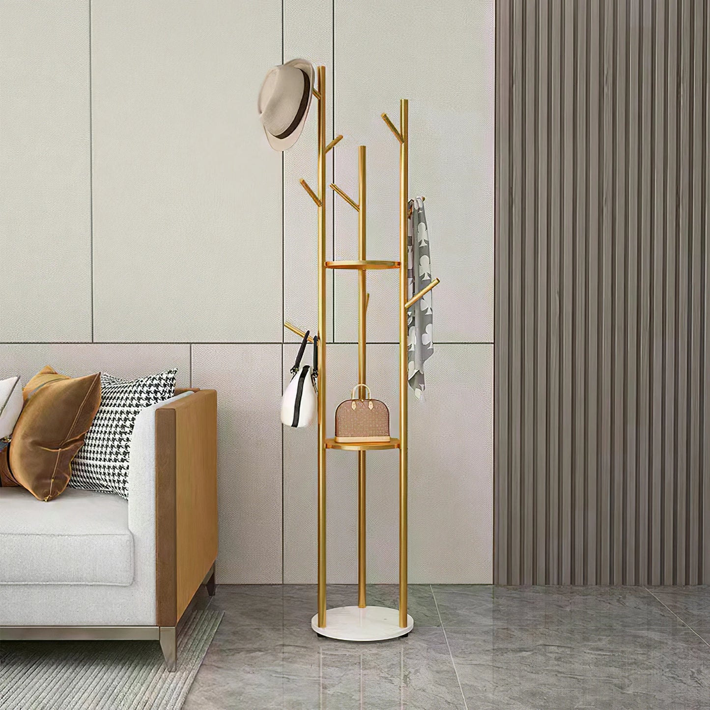Wisfor Freestanding Metal Coat Rack With Marble Shelf Stand