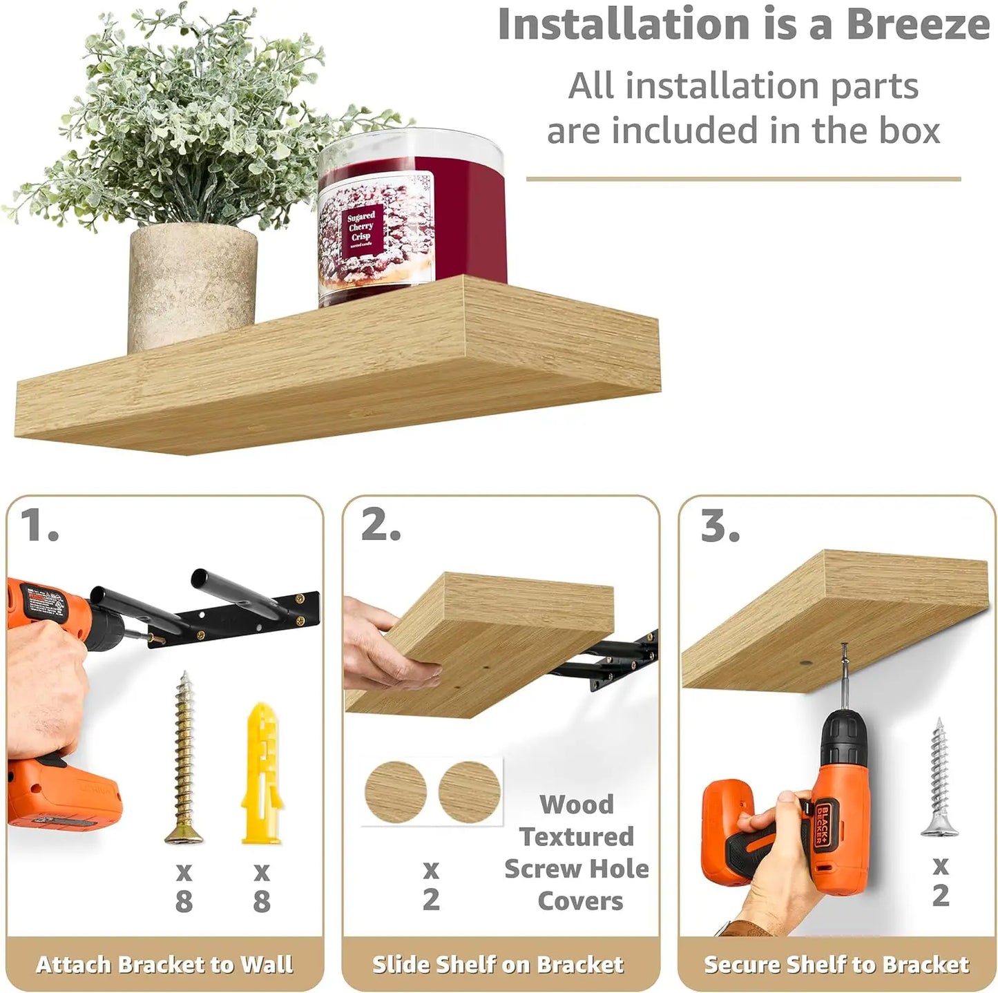 Floating Wall Shelves Maple Wood for Kitchen Bath 3 Pack
