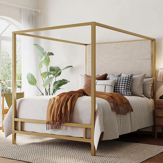 RBXC Modern Metal Canopy Bed Frame 4-Poster With Linen Headboard
