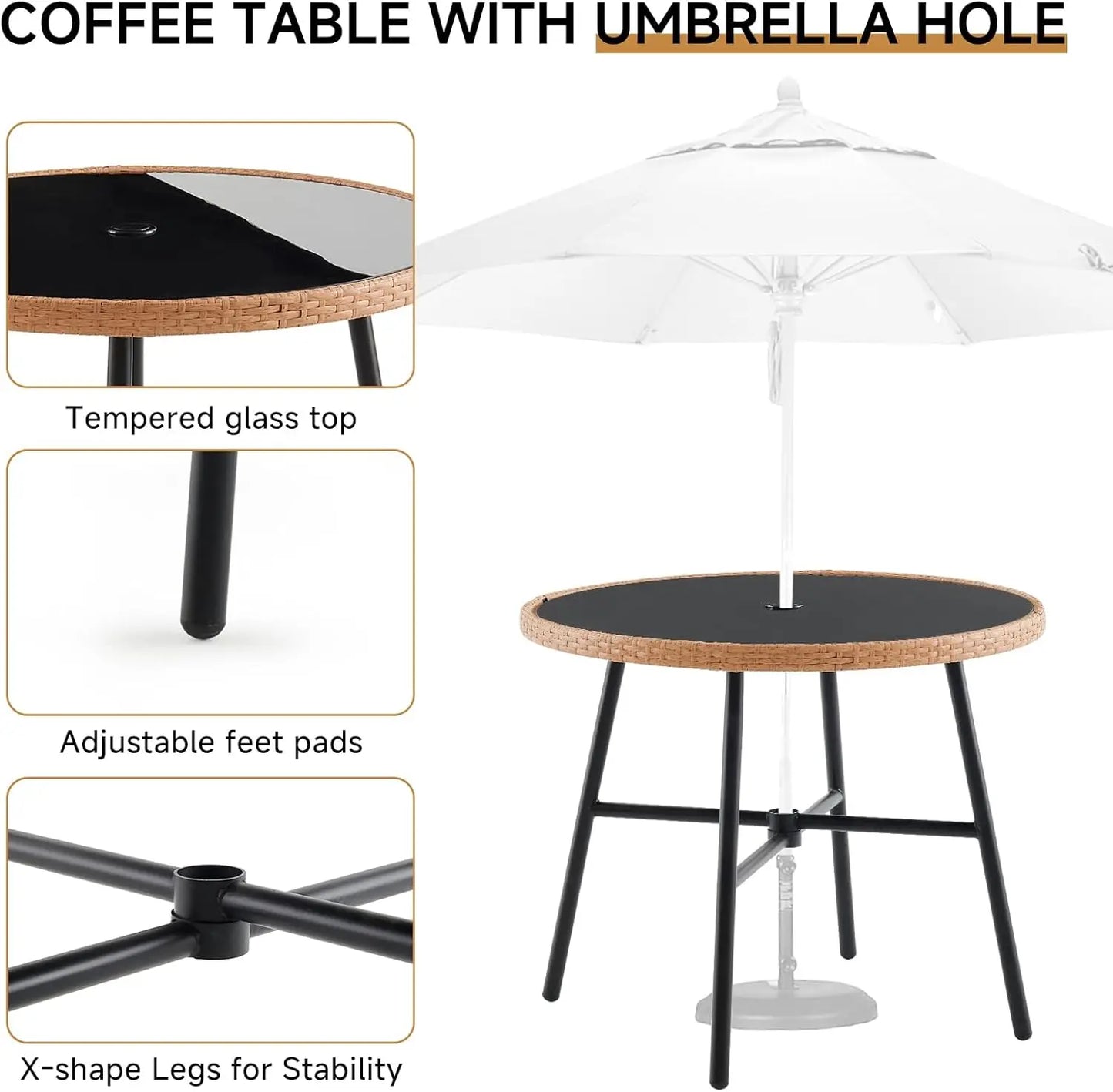 Patio Dining Set Umbrella Hole Rattan Outdoor Furniture Glass Table 4 Chairs