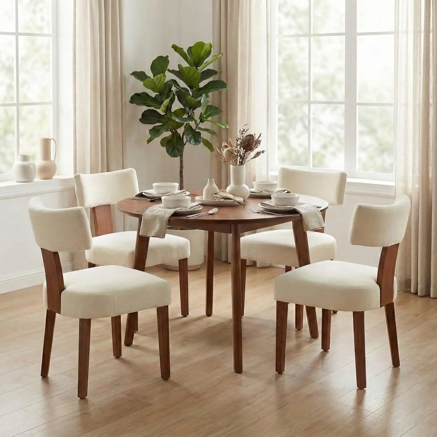 Mid-Century Fur Fabric Dining Chairs With Curved Backrests