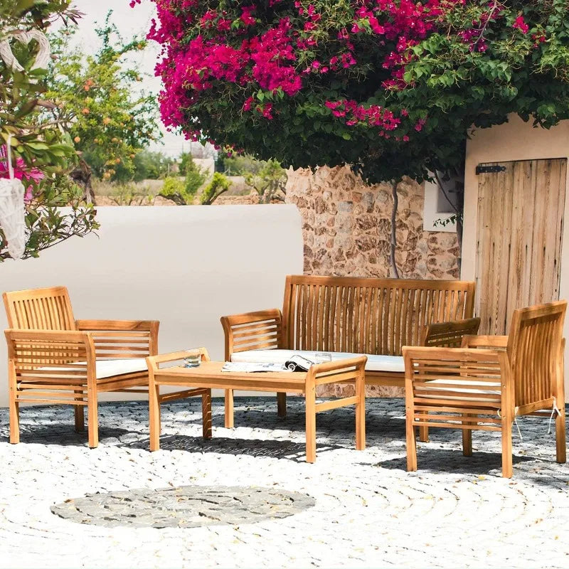 Acacia Wood 4-Piece Outdoor Sofa Set With Water Resistant Cushions Coffee Table