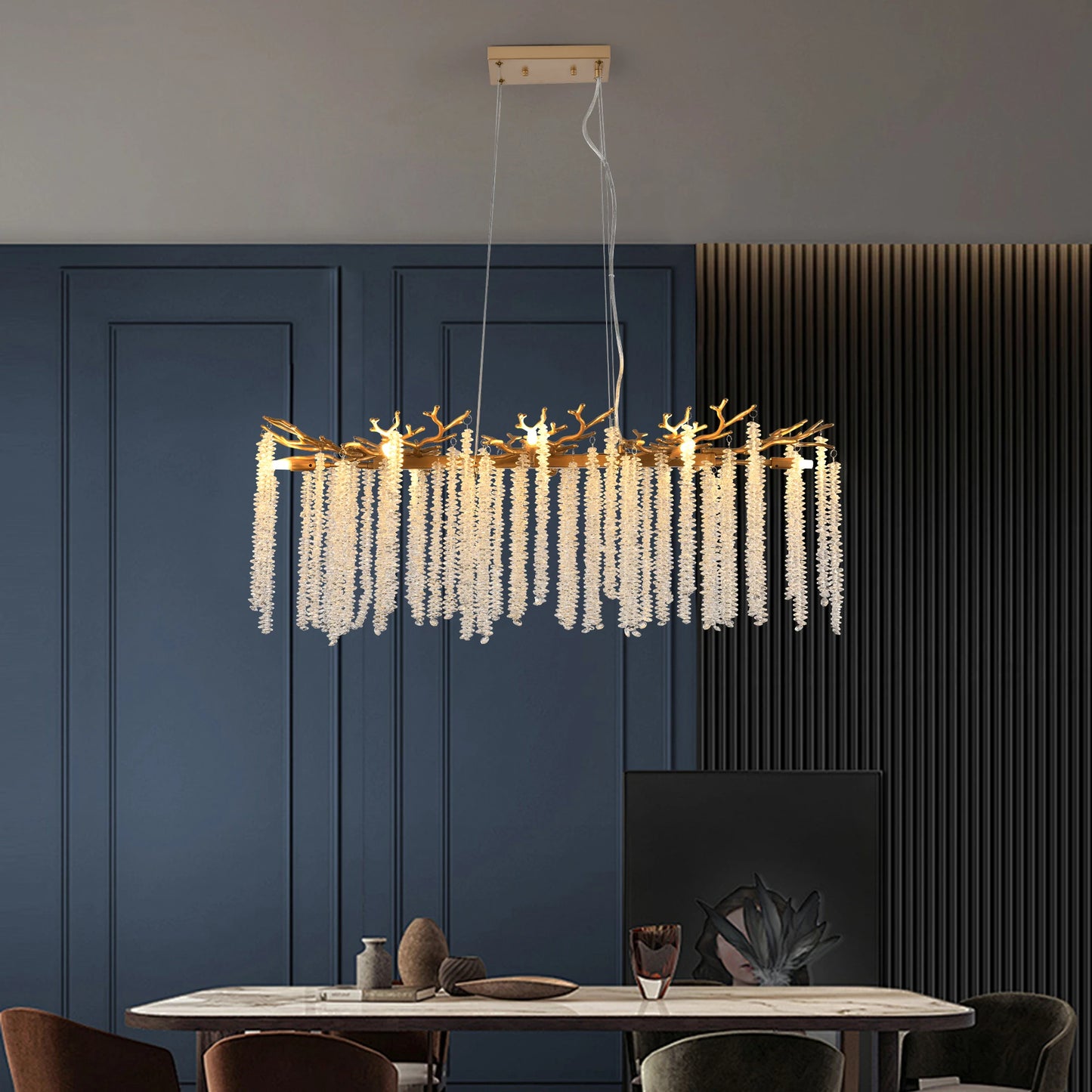 Chandelier With Cascading Crystal Strings for Living Room Semiflush Mount