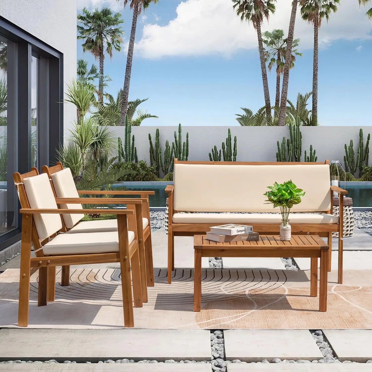 Acacia Wood 4 Piece Patio Bistro Set With Loveseat And Coffee Table
