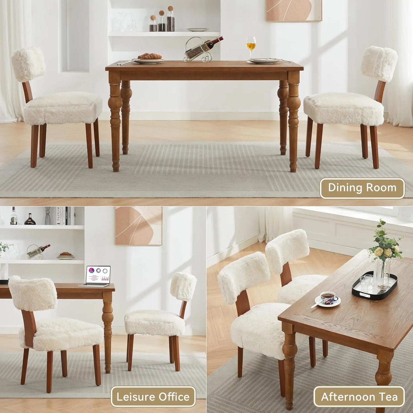 Mid-Century Fur Fabric Dining Chairs With Curved Backrests
