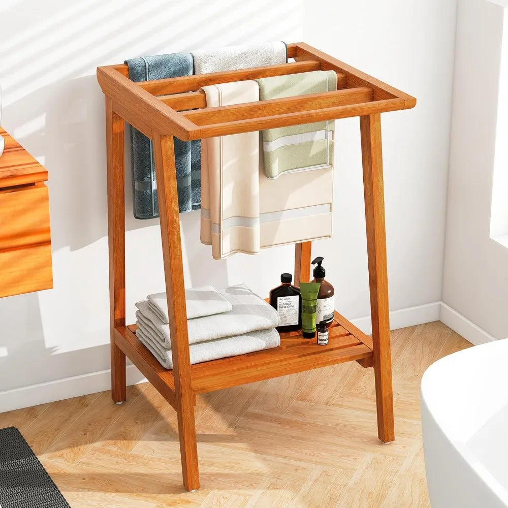 DAFIFY Freestanding Teak Towel Rack With 5 Bars And Shelf