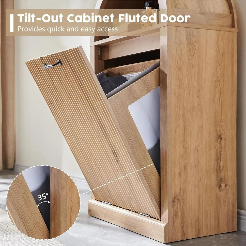 Arched Tilt Out Fluted Trash Can Cabinet With Open Shelf