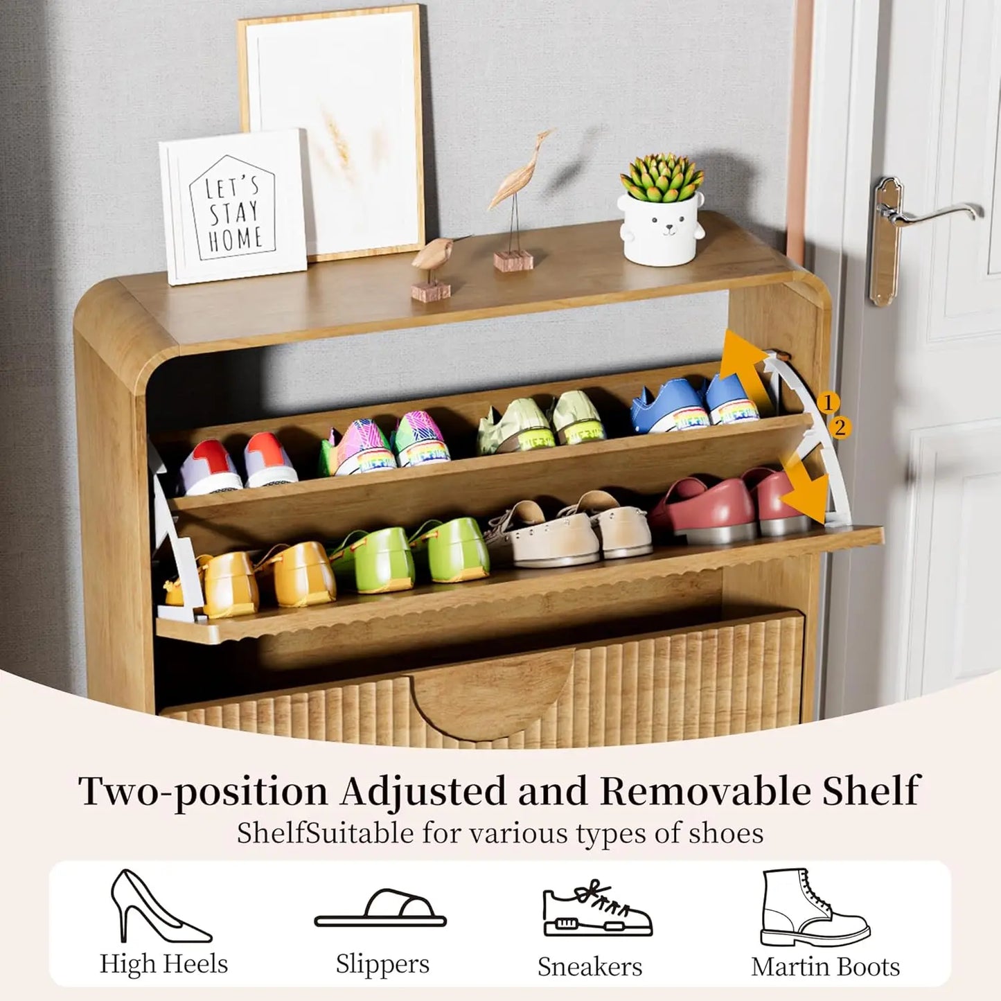 XIAOLANG Narrow Shoe Cabinet With Fluted Doors 2 Drawers