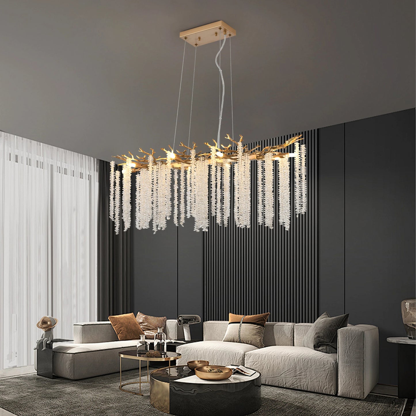 Chandelier With Cascading Crystal Strings for Living Room Semiflush Mount