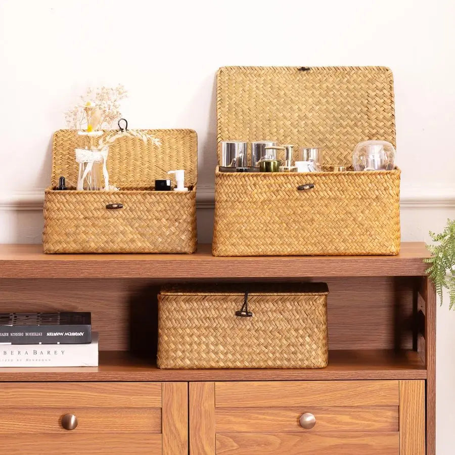 Natural Seagrass Storage Baskets With Lid Set Of 3 Bins