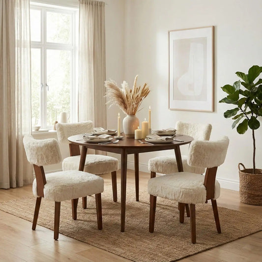 Mid-Century Fur Fabric Dining Chairs With Curved Backrests