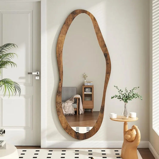 Wood Framed Irregular Wall Mirror In Vintage Style